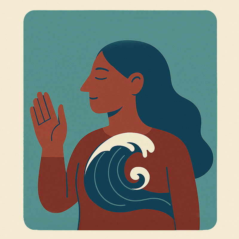 Teal figure with a flowing ocean wave across the chest, reflecting inner depth, introspection, and curiosity about the breath