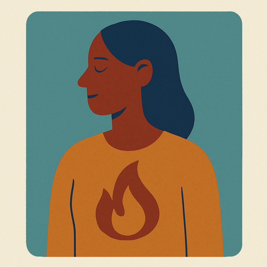 Muted figure with a dim, internal flame inside the body’s center, suggesting low energy output and chronic depletion
