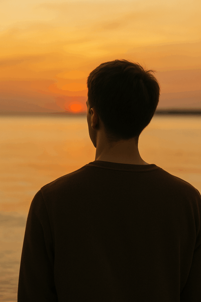 Man staring out at a sunset over the ocean